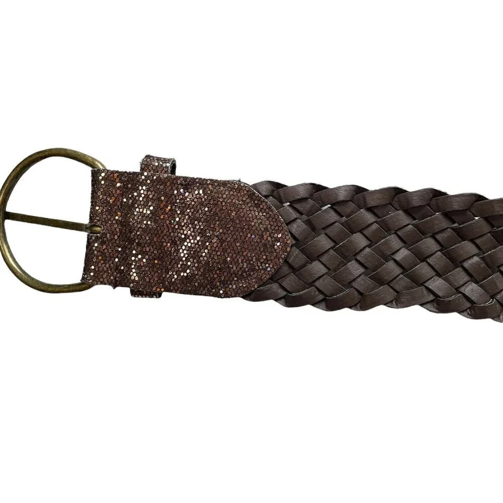Woven Brown Leather or Faux Leather Belt with Copper Color Glitter Embedded